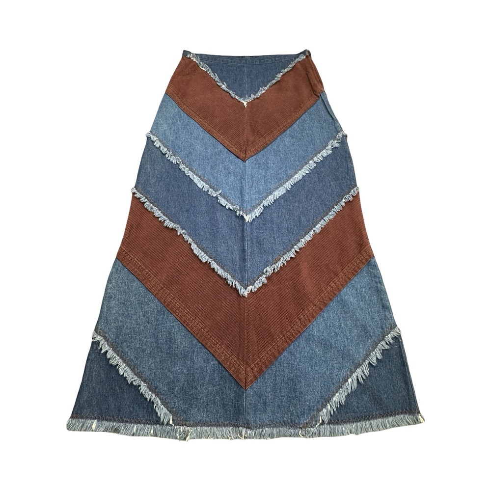 The Blues Maxi Skirt Women 12 Blue Brown Patchwork Chevron Corduroy Denim Frayed